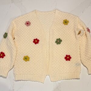 Cream Textured Knit Open Cardigan 3D Flowers Size L